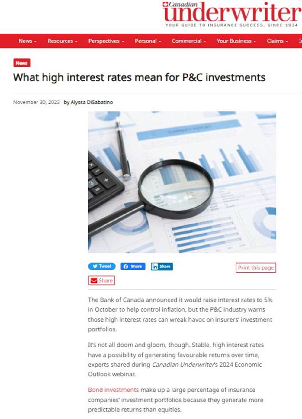 une capture d'écran de l'article What high interest rates mean for P&C investments